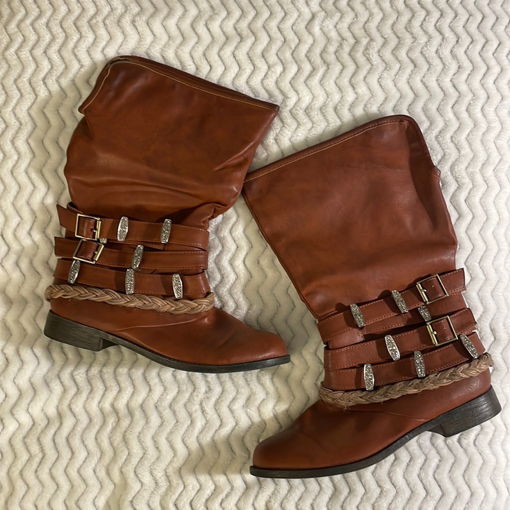 EVERYTHING MUST GO!! Belted Cowboy Boots. Sz. 7.5 Color: Cognac.